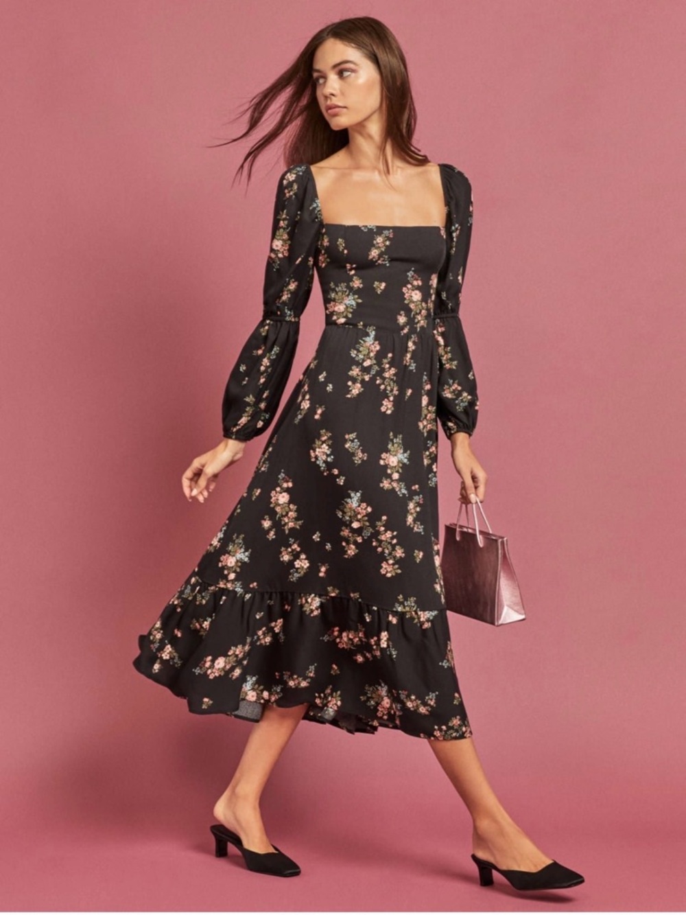Reformation - Mica Dress - Like New - Navy Floral Square-Neck Midi Dress; size M